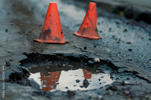 Traffic cones around a pothole photo