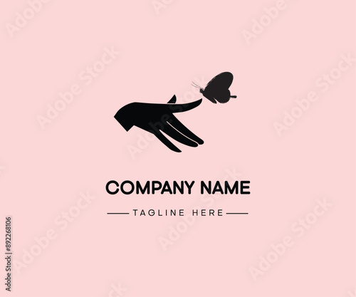 Butterfly flying to the finger of girl hand icon or logo. Female hand with a beautiful manicure. Vector illustration.