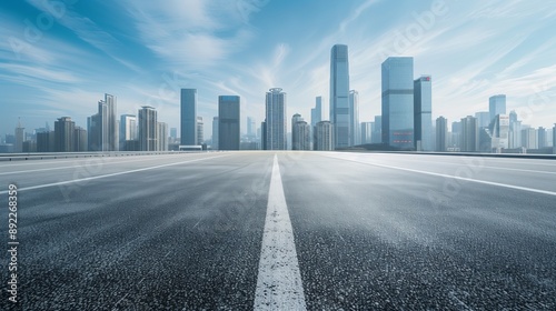 A dynamic perspective of a modern urban skyline with towering skyscrapers under a clear blue sky, viewed from an empty, wide asphalt road