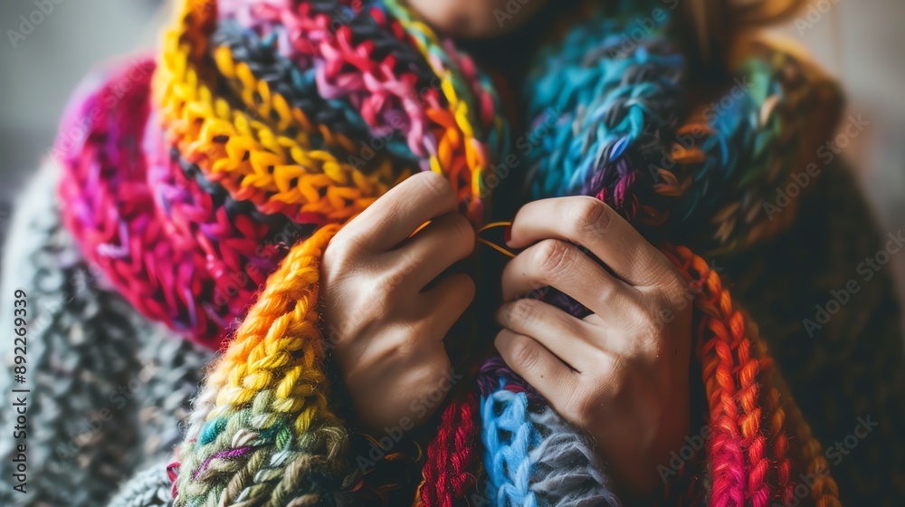 Close-up of hands holding a colorful knitted scarf. Close-up of hands holding a colorful knitted scarf.