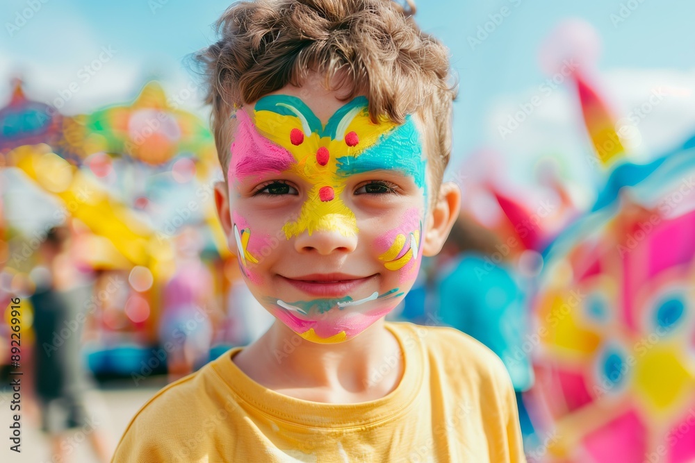 little boy with colorful face paint, fair in the background little boy with colorful face paint, fair in the background