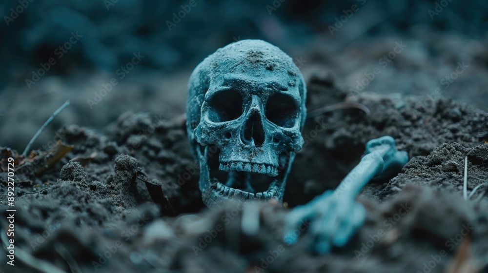 Close-up of a human skull and arm bone partially buried in dirt, evoking themes of archaeology and mystery. Close-up of a human skull and arm bone partially buried in dirt, evoking themes of archaeology and mystery.