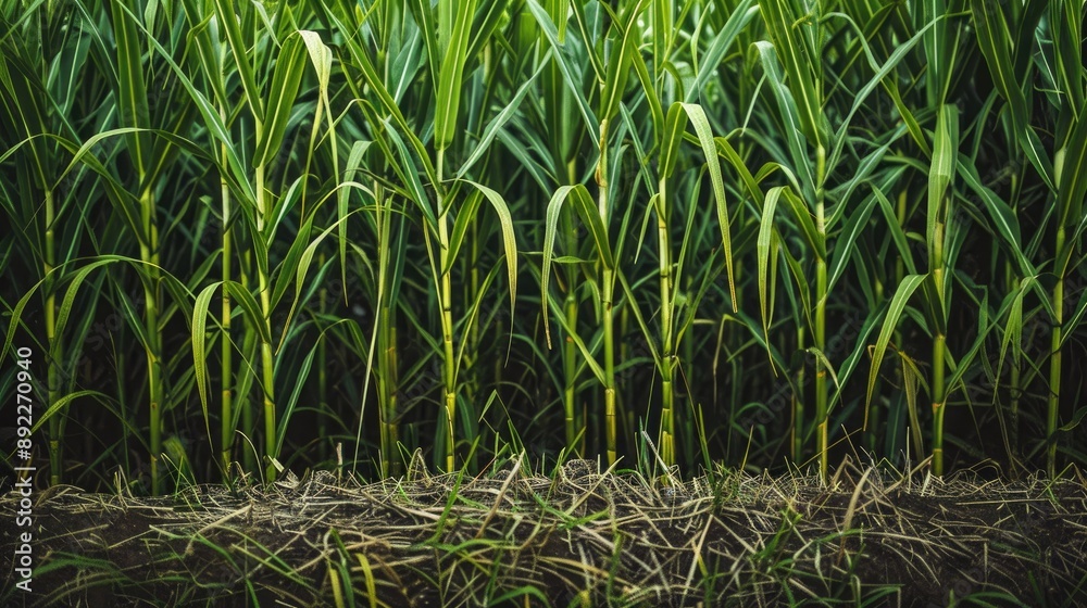 Fototapeta premium Sugarcane plants in a field at a close distance