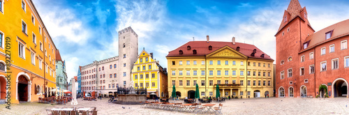 Historic buildings on Haidplatz in Rengensburg, Bavaria, Germany