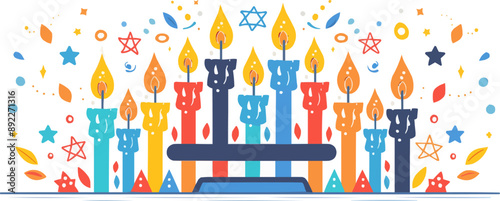 A cheerful Hanukkah celebration with a menorah lit with candles and dreidels spinning on a white background. Vector flat minimalistic isolate
