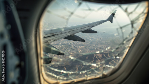 Captured mid-air through a shattered plane window, the aircraft's wings are visible, with a tense and chaotic scene unfolding outside.