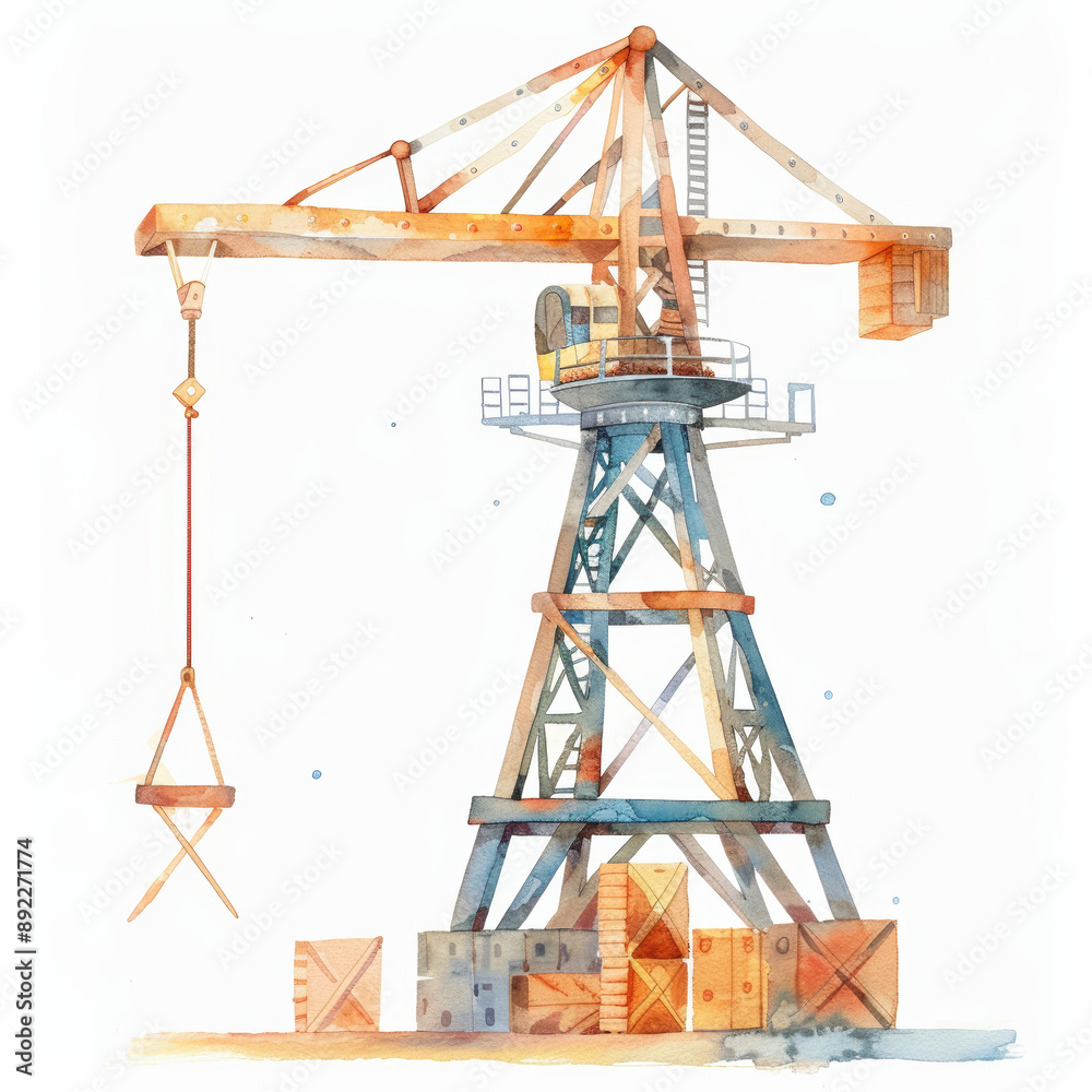 Watercolor Construction Crane Illustration with Stacked Boxes and Industrial Elements Watercolor Construction Crane Illustration with Stacked Boxes and Industrial Elements
