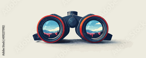 A pair of binoculars, their lenses magnifying the wonders of the world, symbolizing curiosity and discovery, resting on a pristine white background. Vector flat minimalistic isolated illustration.