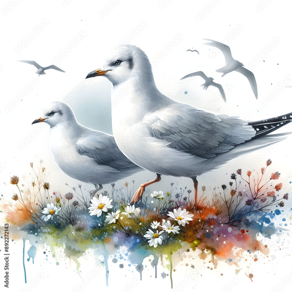 Obraz premium 흰 배경, 갈매기, 수채화 (white background, seagull, water colour)