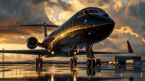 A premium black and gold private jet, parked at the airport during sunset, showcases luxurious business transport for VIPs, embodying the opulent lifestyle of millionaires and billionaires.