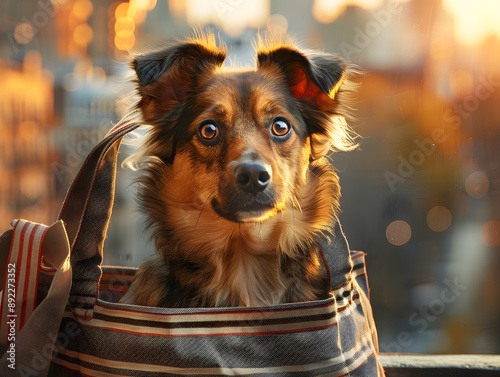 Joyful Rescue Dog Peering from Striped Canvas Tote Bag in Warm Lit Urban Cityscape photo