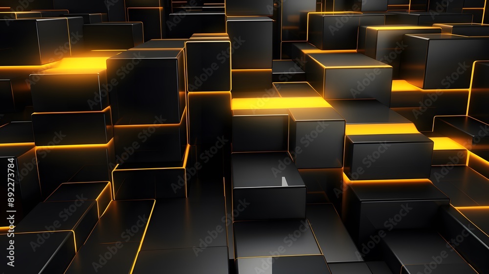 Obraz premium 3d rendering of yellow and black abstract geometric background. Scene for advertising, technology, showcase, banner, game, sport, cosmetic, business, metaverse. Sci-Fi Illustration. Product display