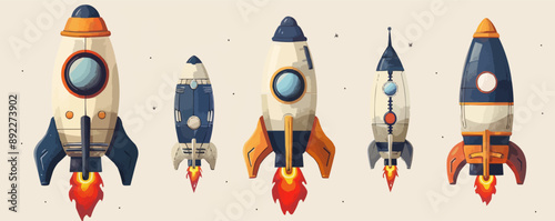Toy spaceships on a white background. Vector flat minimalistic isolated illustration