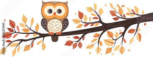 Quizzical owl perched on a gnarled tree branch, observing the world below. Vector flat minimalistic isolated illustration