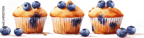 A muffin with a blueberry filling and a crumble topping, resting on the white background. Vector flat minimalistic isolated