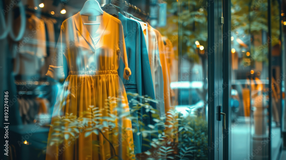 Summer suit displayed in the store window with a promotional sign on the door, featuring a special discount offer for women's clothing. Summer suit displayed in the store window with a promotional sign on the door, featuring a special discount offer for women's clothing.
