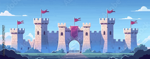 Medieval castle gatehouse with a portcullis and battlements Vector flat minimalistic isolated illustration