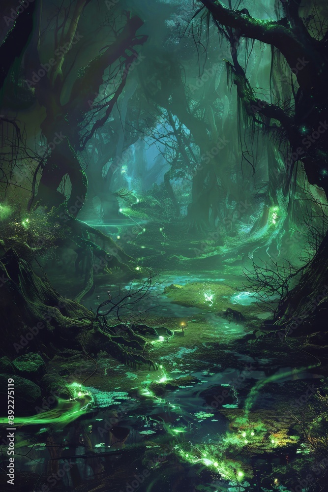 Obraz premium A mystical swamp, with ancient, gnarled trees, and mist swirling around the ground 