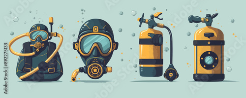 Vintage scuba diving gear with mask and oxygen tank Vector flat minimalistic isolated illustration