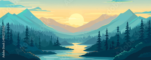 Peaceful river flowing through a valley Vector flat minimalistic isolated illustration