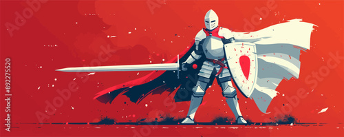 Knight in shining armor wielding a sword and shield. Vector flat minimalistic isolated illustration.