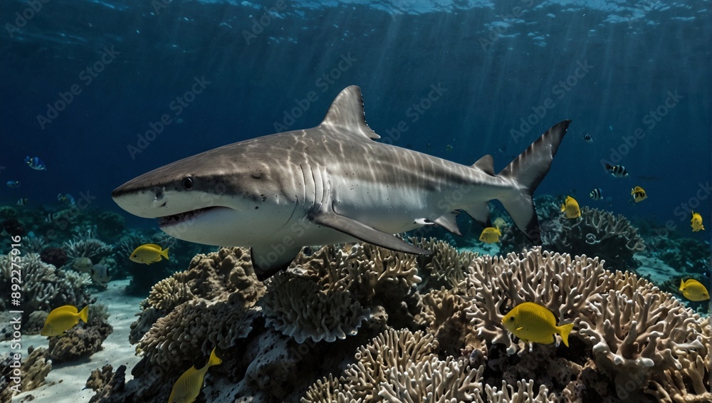 Fototapeta premium photo of a shark swimming in the ocean with a coral reef in the background made by AI generative