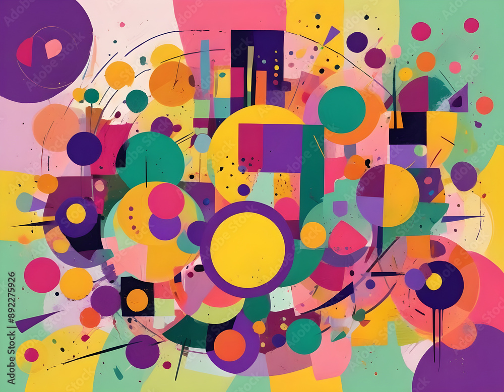 Obraz premium abstract painting with geometric shapes circles and rectangles vibrant shades of purple green yellow and orange