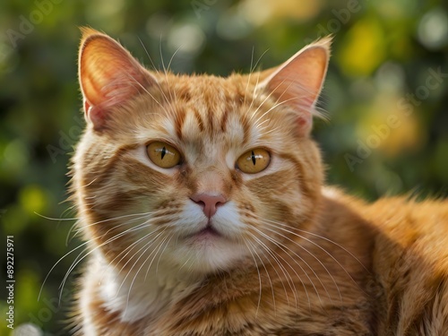 orange cat with blur background, orange cat is sitting and looking