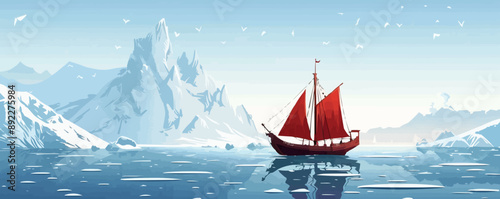 Nordic longship sailing through icy waters. Vector flat minimalistic isolated illustration.