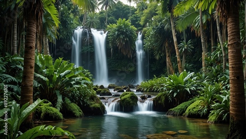 photo of tropical forest with beautiful waterfall made by AI generative