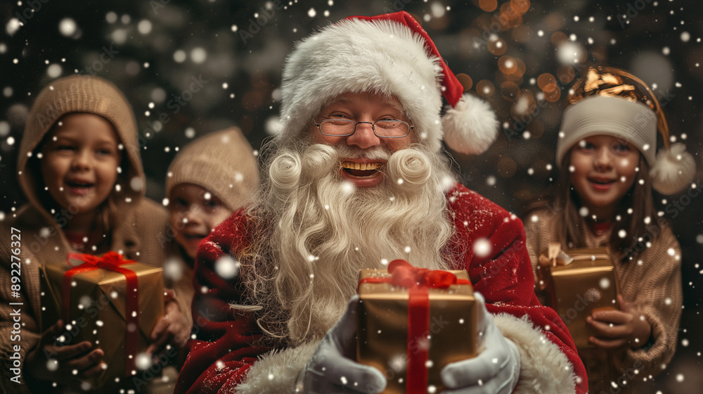Santa Claus with excited children holding presents Santa Claus with excited children holding presents