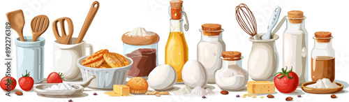 Baking ingredients and utensils on a plain white backdrop. Vector flat isolated illustration.
