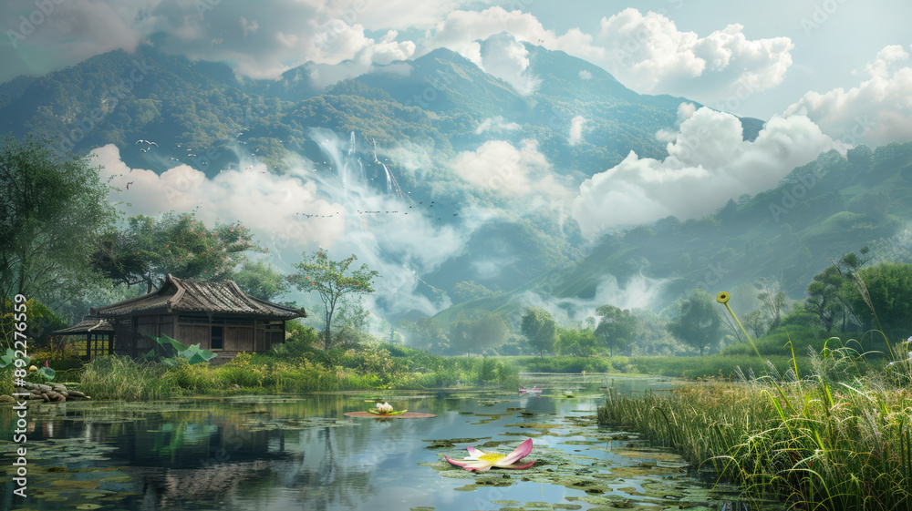 Fototapeta premium In the foreground, a small, charming hut sits beside a gentle stream with a visible lotus, while a manual boat is moored nearby, set against a backdrop of rolling hills shrouded in clouds and fog.