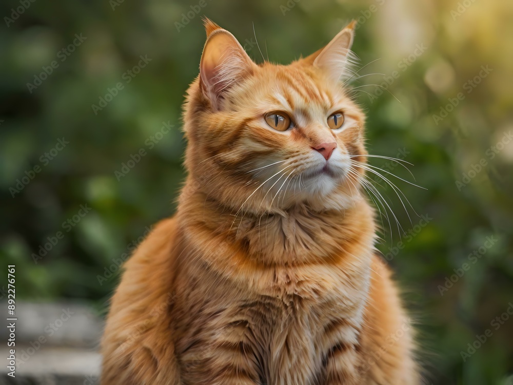 Fototapeta premium orange cat with blur background, orange cat is sitting and looking