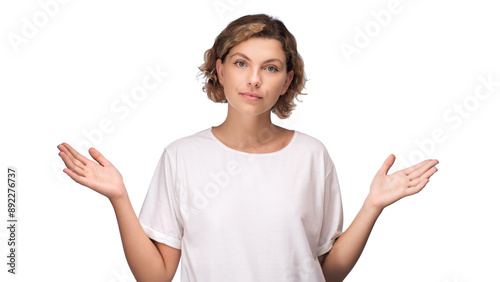 Obraz na płótnie Woman Shrugging with Indifferent Expression Against White Background