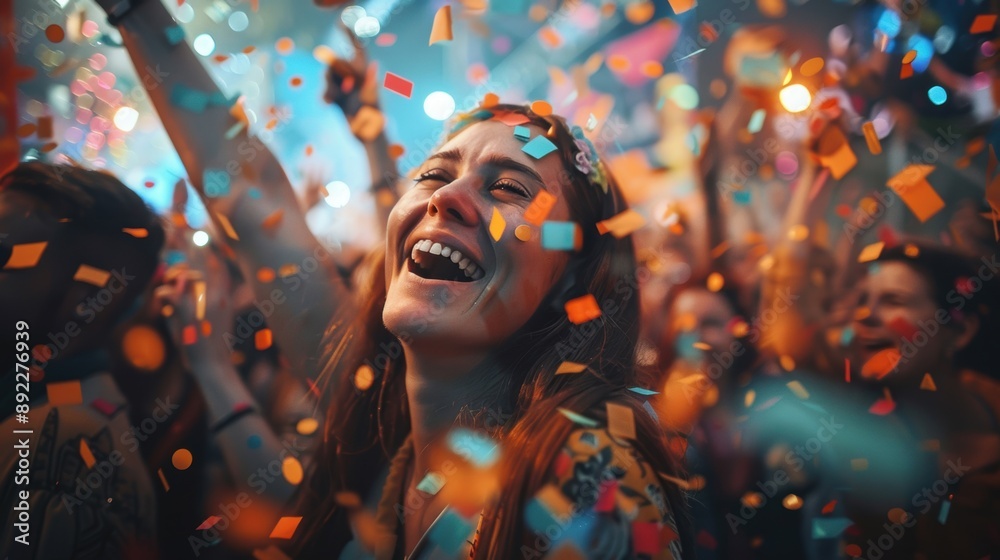 Joyful woman surrounded by confetti at a lively party, capturing the excitement and celebration of the moment. Joyful woman surrounded by confetti at a lively party, capturing the excitement and celebration of the moment.