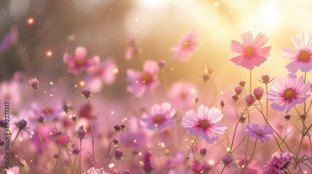 Field of pink cosmos flowers illuminated by the soft glow of sunset, creating a dreamy and romantic atmosphere. Field of pink cosmos flowers illuminated by the soft glow of sunset, creating a dreamy and romantic atmosphere.