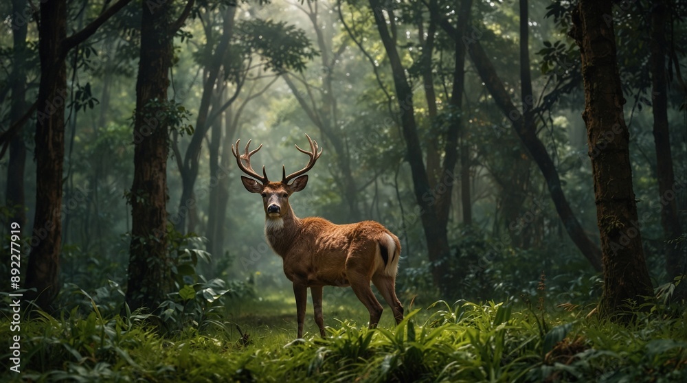 photo of a male deer with long antlers against a forest background made by AI generative photo of a male deer with long antlers against a forest background made by AI generative