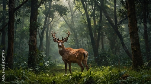photo of a male deer with long antlers against a forest background made by AI generative