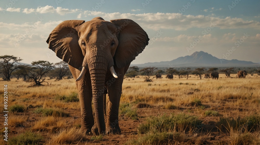 Fototapeta premium photo of adult elephant with savanna background in the morning made by AI generative