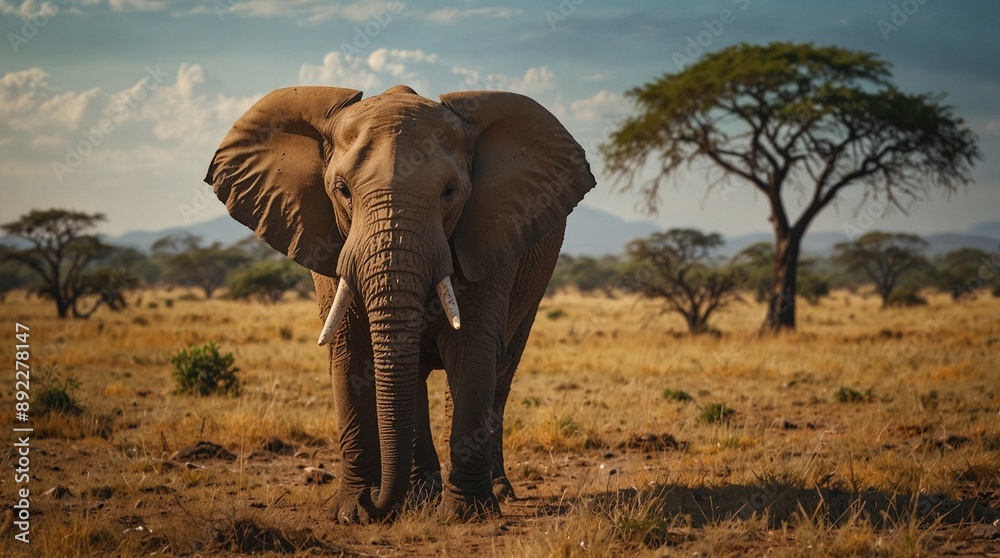 Obraz premium photo of an elephant with a savanna background in the morning made by AI generative