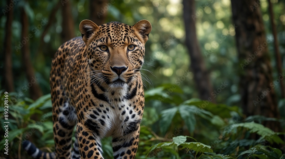 Naklejka premium leopard photo with forest background made by AI generative