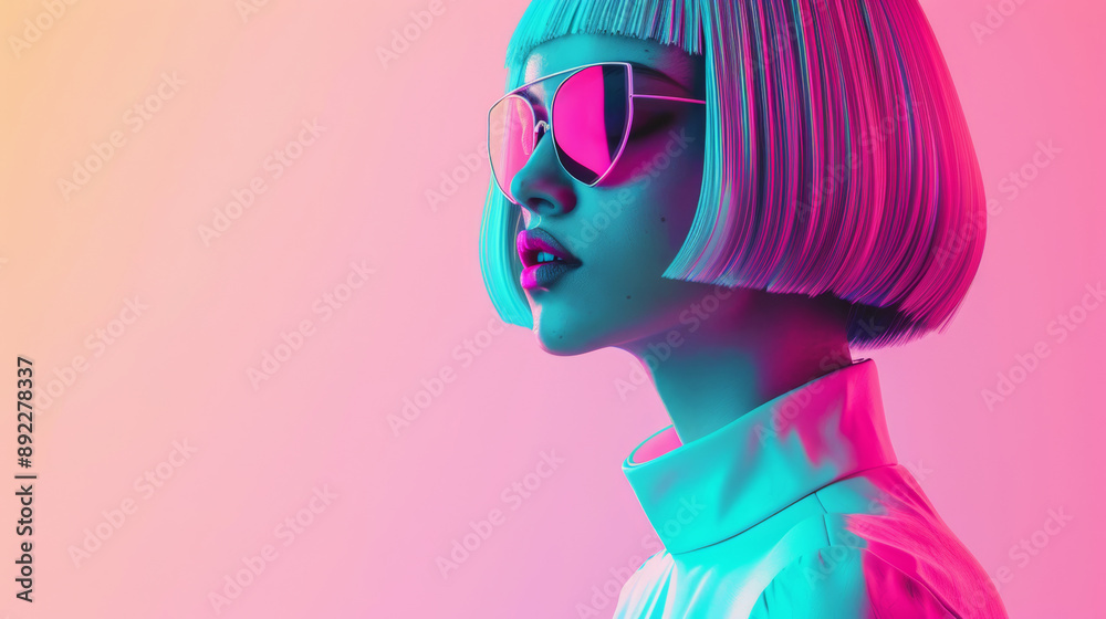 an humanoid model dressed with a pastel colors futuristic, bob cut hair, inside a minimal environment an humanoid model dressed with a pastel colors futuristic, bob cut hair, inside a minimal environment