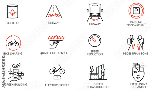 Vector Set of Linear Icons Related to improvement of the modern urban environment and intelligent urbanism. Mono line pictograms and infographics design elements
