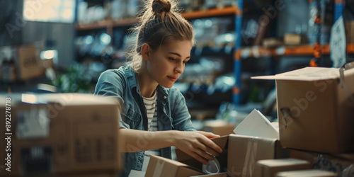 caucasian young woman carefully packing boxes in a warehouse, focused on her work, online delivery concept