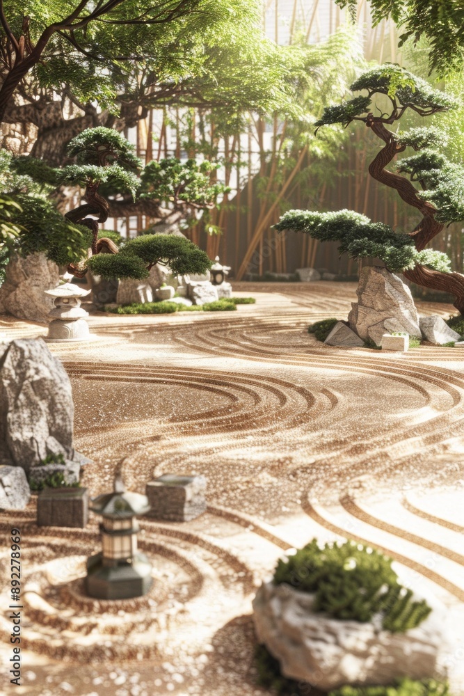 A serene, Zen garden, with meticulously raked sand, stone lanterns, and a small, tranquil pond surrounded by bonsai trees A serene, Zen garden, with meticulously raked sand, stone lanterns, and a small, tranquil pond surrounded by bonsai trees