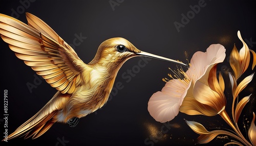 Design a logo of a golden hummingbird hovering near a flower. photo