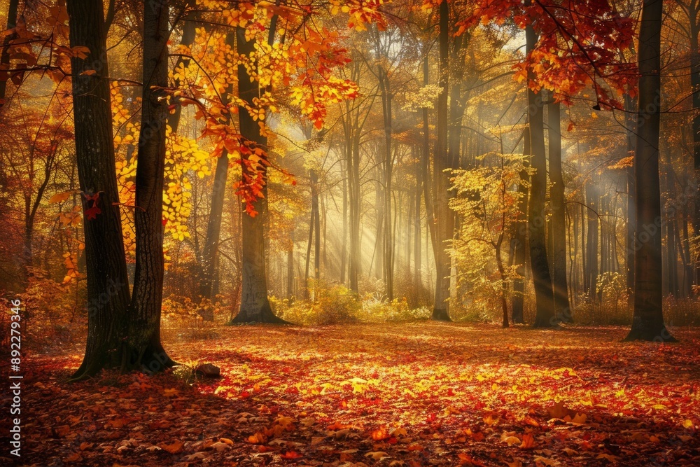 An empty space in a vibrant autumn forest, with a carpet of colorful leaves, tall trees with golden foliage, and a soft, golden light filtering through An empty space in a vibrant autumn forest, with a carpet of colorful leaves, tall trees with golden foliage, and a soft, golden light filtering through