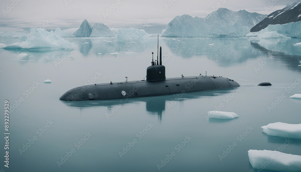 A submarine submerged in icy Arctic waters, with icebergs floating above and a pale, overcast sky
A submarine submerged in icy Arctic waters, with icebergs floating above and a pale, overcast sky