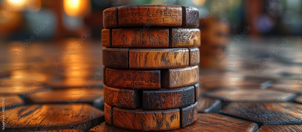 Naklejka premium Stacked Wooden Discs on a Wooden Surface
